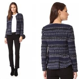 Rebecca Taylor Navy Lurex Tweed Jacket Women’s 6 Metallic Open Front Blazer Blue